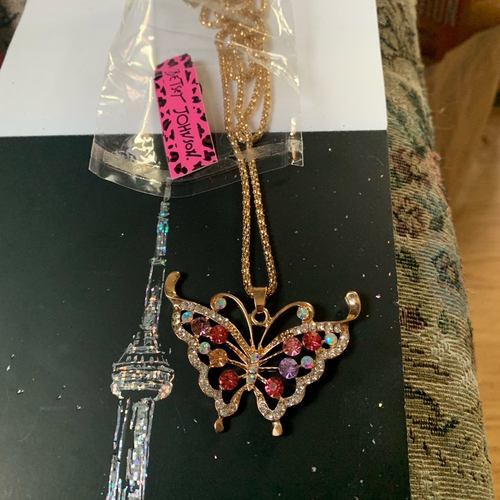Beautiful, Betsey Johnson, crystal encrusted Butterfly Necklace. Gold-tone, 24”